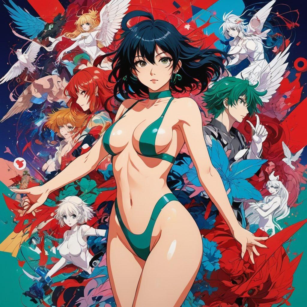 A vibrant collage of anime characters styled in expressive poses, surrounded by elements representing adult entertainment, such as playful abstract shapes and colorful erotic symbols. The background features a blend of contrasting colors to evoke the energy of hentai culture, with subtle hints of censorship and freedom woven throughout. The composition should feel dynamic and immersive. super-realistic. vibrant colors. bold lines.